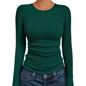 AUTOMET Long Sleeve Shirts Blouses Fall Fashion Ribbed Basic Tops Winter Clothes(Dark Green)