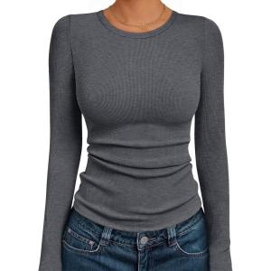 AUTOMET Long Sleeve Shirts Blouses Fall Fashion Ribbed Basic Tops Winter Clothes(Dark Grey)