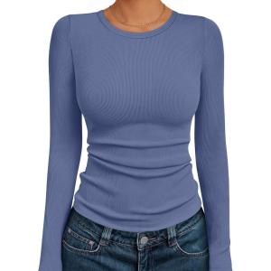 AUTOMET Long Sleeve Shirts Blouses Fall Fashion Ribbed Basic Tops Winter Clothes(Dusty Blue)