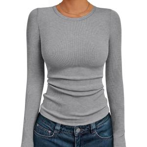 AUTOMET Long Sleeve Shirts Blouses Fall Fashion Ribbed Basic Tops Winter Clothes(Grey)