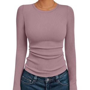 AUTOMET Long Sleeve Shirts Blouses Fall Fashion Ribbed Basic Tops Winter Clothes(Grey Pink)