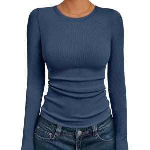 AUTOMET Long Sleeve Shirts Blouses Fall Fashion Ribbed Basic Tops Winter Clothes(Haze Blue)