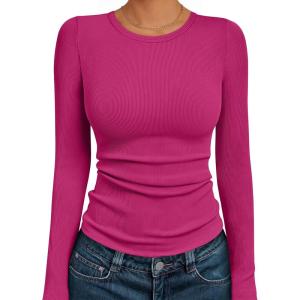 AUTOMET Long Sleeve Shirts Blouses Fall Fashion Ribbed Basic Tops Winter Clothes(Hot Pink)