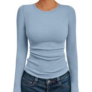 AUTOMET Long Sleeve Shirts Blouses Fall Fashion Ribbed Basic Tops Winter Clothes(Light Blue)