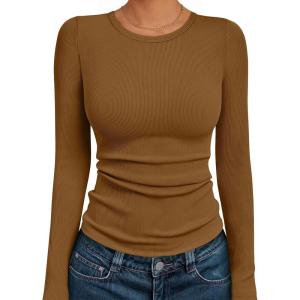 AUTOMET Long Sleeve Shirts Blouses Fall Fashion Ribbed Basic Tops Winter Clothes(Light Brown)