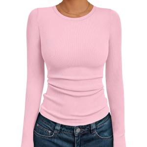 AUTOMET Long Sleeve Shirts Blouses Fall Fashion Ribbed Basic Tops Winter Clothes(Light Pink)