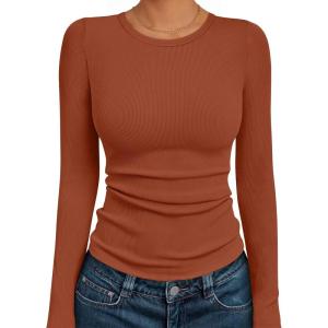 AUTOMET Long Sleeve Shirts Blouses Fall Fashion Ribbed Basic Tops Winter Clothes(Maple)