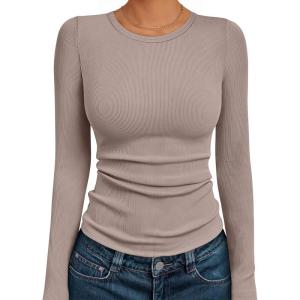 AUTOMET Long Sleeve Shirts Blouses Fall Fashion Ribbed Basic Tops Winter Clothes(Oatmeal)