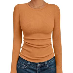 AUTOMET Long Sleeve Shirts Blouses Fall Fashion Ribbed Basic Tops Winter Clothes(Orange)