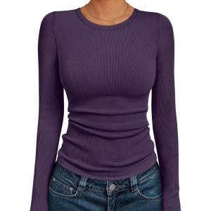 AUTOMET Long Sleeve Shirts Blouses Fall Fashion Ribbed Basic Tops Winter Clothes(Purple)