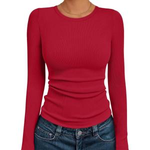 AUTOMET Long Sleeve Shirts Blouses Fall Fashion Ribbed Basic Tops Winter Clothes(Red)