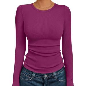 AUTOMET Long Sleeve Shirts Blouses Fall Fashion Ribbed Basic Tops Winter Clothes(Rose Red)