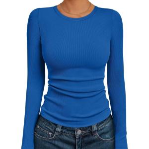 AUTOMET Long Sleeve Shirts Blouses Fall Fashion Ribbed Basic Tops Winter Clothes(Royal Blue)