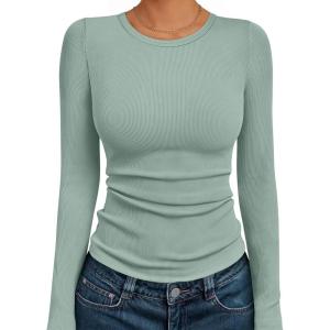 AUTOMET Long Sleeve Shirts Blouses Fall Fashion Ribbed Basic Tops Winter Clothes(Sage Green)