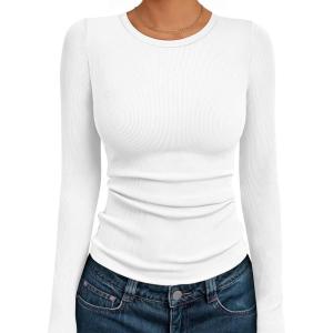 AUTOMET Long Sleeve Shirts Blouses Fall Fashion Ribbed Basic Tops Winter Clothes(White)