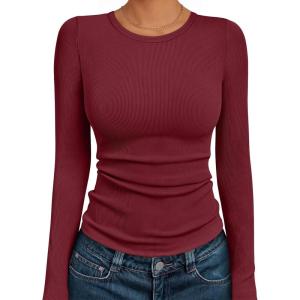 AUTOMET Long Sleeve Shirts Blouses Fall Fashion Ribbed Basic Tops Winter Clothes(Wine Red)