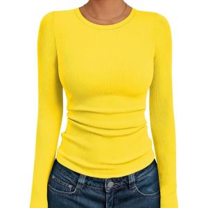 AUTOMET Long Sleeve Shirts Blouses Fall Fashion Ribbed Basic Tops Winter Clothes(Yellow)