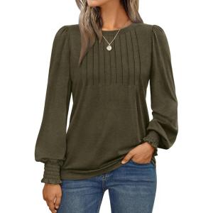 AUTOMET Long Sleeve Shirts Womens Pleated Business Casual Blouses with Smocked Cuffs(Army Green)