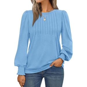 AUTOMET Long Sleeve Shirts Womens Pleated Business Casual Blouses with Smocked Cuffs(Baby Blue)
