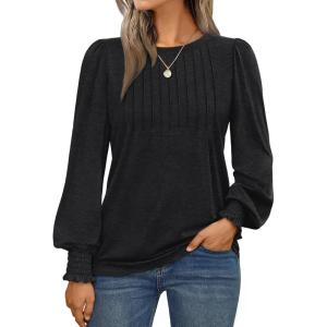AUTOMET Long Sleeve Shirts Womens Pleated Business Casual Blouses with Smocked Cuffs(Black)