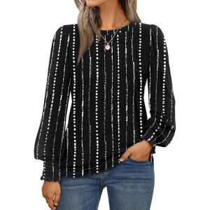 AUTOMET Long Sleeve Shirts Womens Pleated Business Casual Blouses with Smocked Cuffs(Black Dot Line)