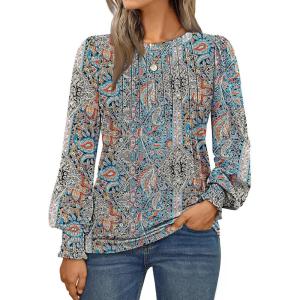 AUTOMET Long Sleeve Shirts Womens Pleated Business Casual Blouses with Smocked Cuffs(Boho Blue)