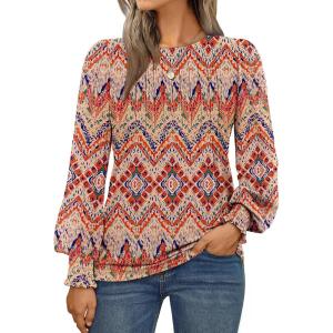 AUTOMET Long Sleeve Shirts Womens Pleated Business Casual Blouses with Smocked Cuffs(Boho Orange)