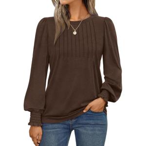 AUTOMET Long Sleeve Shirts Womens Pleated Business Casual Blouses with Smocked Cuffs(Brown)
