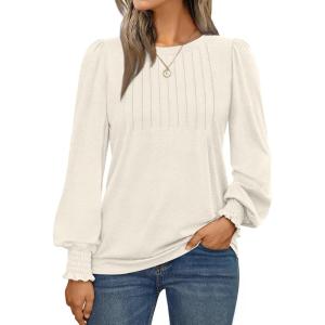 AUTOMET Long Sleeve Shirts Womens Pleated Business Casual Blouses with Smocked Cuffs(Cream)