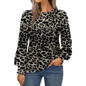 AUTOMET Long Sleeve Shirts Womens Pleated Business Casual Blouses with Smocked Cuffs(Dark Leopard)