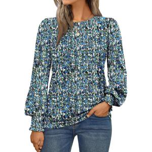 AUTOMET Long Sleeve Shirts Womens Pleated Business Casual Blouses with Smocked Cuffs(Floral Blue)