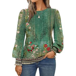 AUTOMET Long Sleeve Shirts Womens Pleated Business Casual Blouses with Smocked Cuffs(Floral Green)