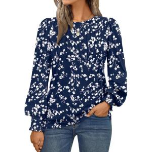 AUTOMET Long Sleeve Shirts Womens Pleated Business Casual Blouses with Smocked Cuffs(Floral Navy)