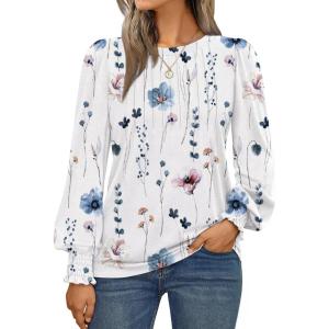 AUTOMET Long Sleeve Shirts Womens Pleated Business Casual Blouses with Smocked Cuffs(Floral White)