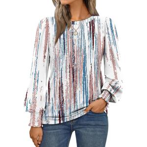 AUTOMET Long Sleeve Shirts Womens Pleated Business Casual Blouses with Smocked Cuffs(Gradient Multi)