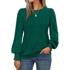 AUTOMET Long Sleeve Shirts Womens Pleated Business Casual Blouses with Smocked Cuffs(Green)