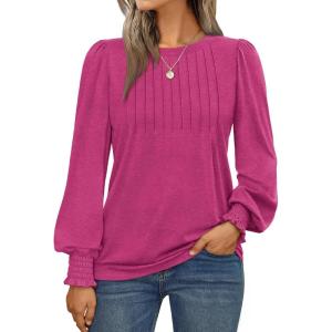 AUTOMET Long Sleeve Shirts Womens Pleated Business Casual Blouses with Smocked Cuffs(Hot Pink)