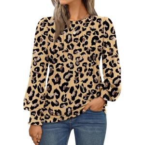 AUTOMET Long Sleeve Shirts Womens Pleated Business Casual Blouses with Smocked Cuffs(Leopard)