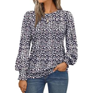 AUTOMET Long Sleeve Shirts Womens Pleated Business Casual Blouses with Smocked Cuffs(Leopard Black)