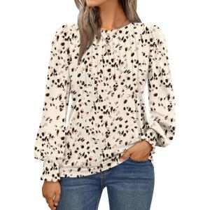 AUTOMET Long Sleeve Shirts Womens Pleated Business Casual Blouses with Smocked Cuffs(Leopard Cream)