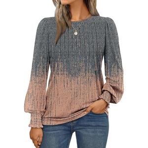 AUTOMET Long Sleeve Shirts Womens Pleated Business Casual Blouses with Smocked Cuffs(Ombre Grey Coral)