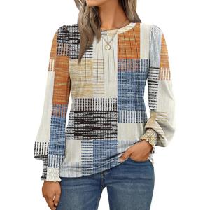 AUTOMET Long Sleeve Shirts Womens Pleated Business Casual Blouses with Smocked Cuffs(Plaid Multi)
