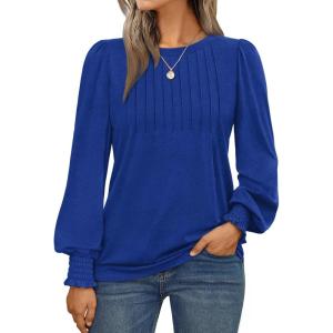 AUTOMET Long Sleeve Shirts Womens Pleated Business Casual Blouses with Smocked Cuffs(Royal Blue)