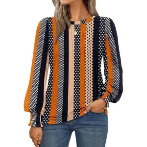 AUTOMET Long Sleeve Shirts Womens Pleated Business Casual Blouses with Smocked Cuffs(Striped Dots)