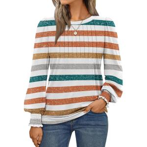 AUTOMET Long Sleeve Shirts Womens Pleated Business Casual Blouses with Smocked Cuffs(Striped Orange)