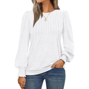 AUTOMET Long Sleeve Shirts Womens Pleated Business Casual Blouses with Smocked Cuffs(White)