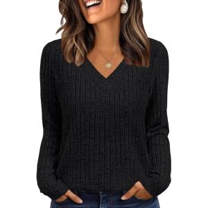 AUTOMET Long Sleeve Shirts Womens Tops Fall Fashion Business Casual Outfits 2025 V Neck T Shirts Sweaters Trendy Blouse(Black)
