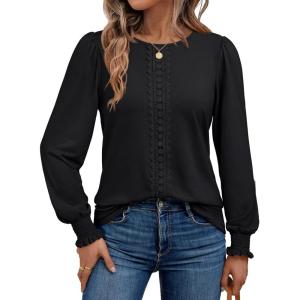 AUTOMET Long Sleeve Shirts for Women Business Dressy Casual Tops Work Blouses Pleated Tunics(Black)
