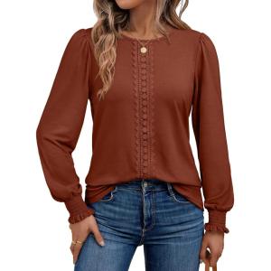 AUTOMET Long Sleeve Shirts for Women Business Dressy Casual Tops Work Blouses Pleated Tunics(Rust)