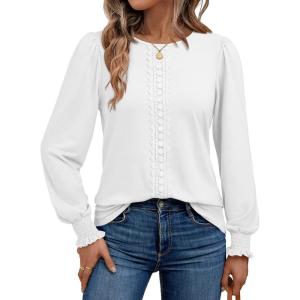 AUTOMET Long Sleeve Shirts for Women Business Dressy Casual Tops Work Blouses Pleated Tunics(White)